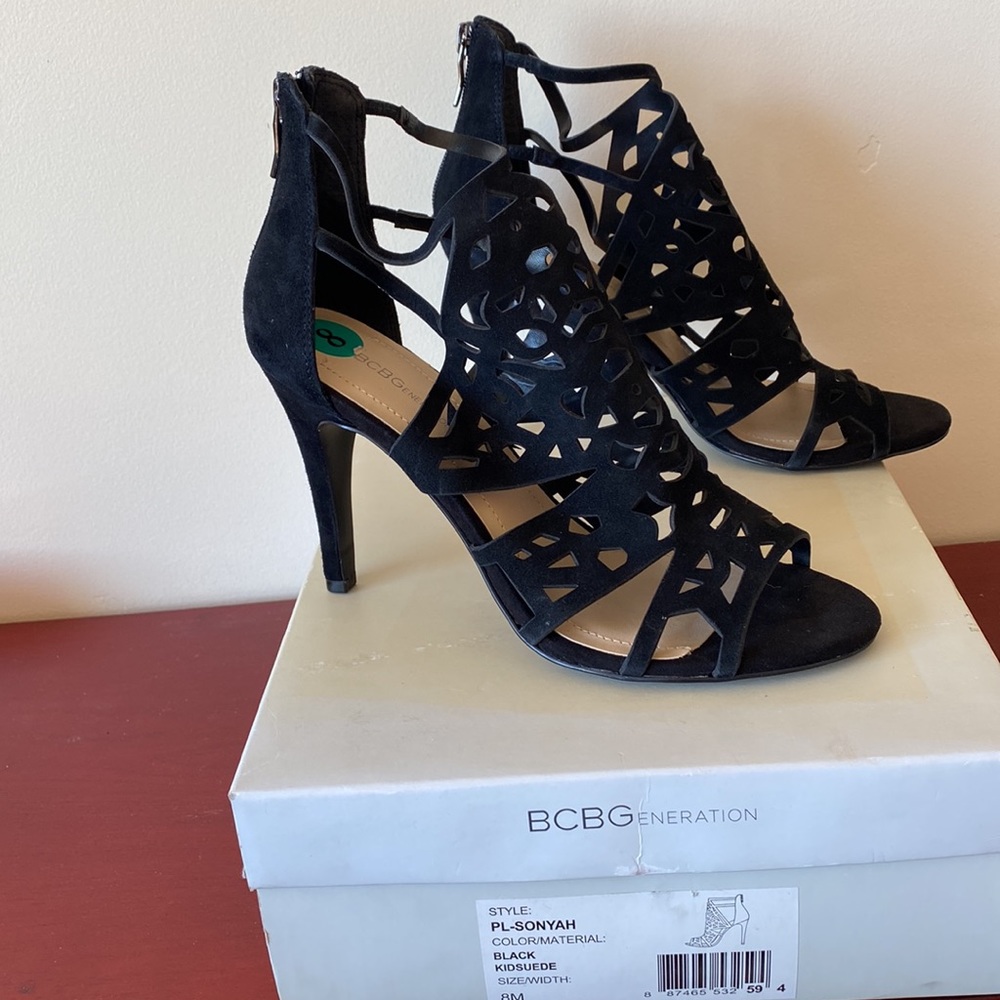 BCBGeneration,  PL-SONYAH Black KidSuede Cut-Out sandals. 8M. 4” Heel. NWOT